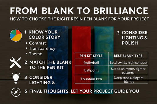 Banner image with horizontal layout featuring resin pen blanks and finished pens on a wooden background. Text reads 'From Blank to Brilliance' with subtle Cross Cut Creations branding.