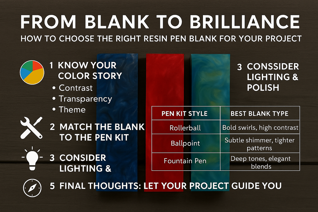 Banner image with horizontal layout featuring resin pen blanks and finished pens on a wooden background. Text reads 'From Blank to Brilliance' with subtle Cross Cut Creations branding.
